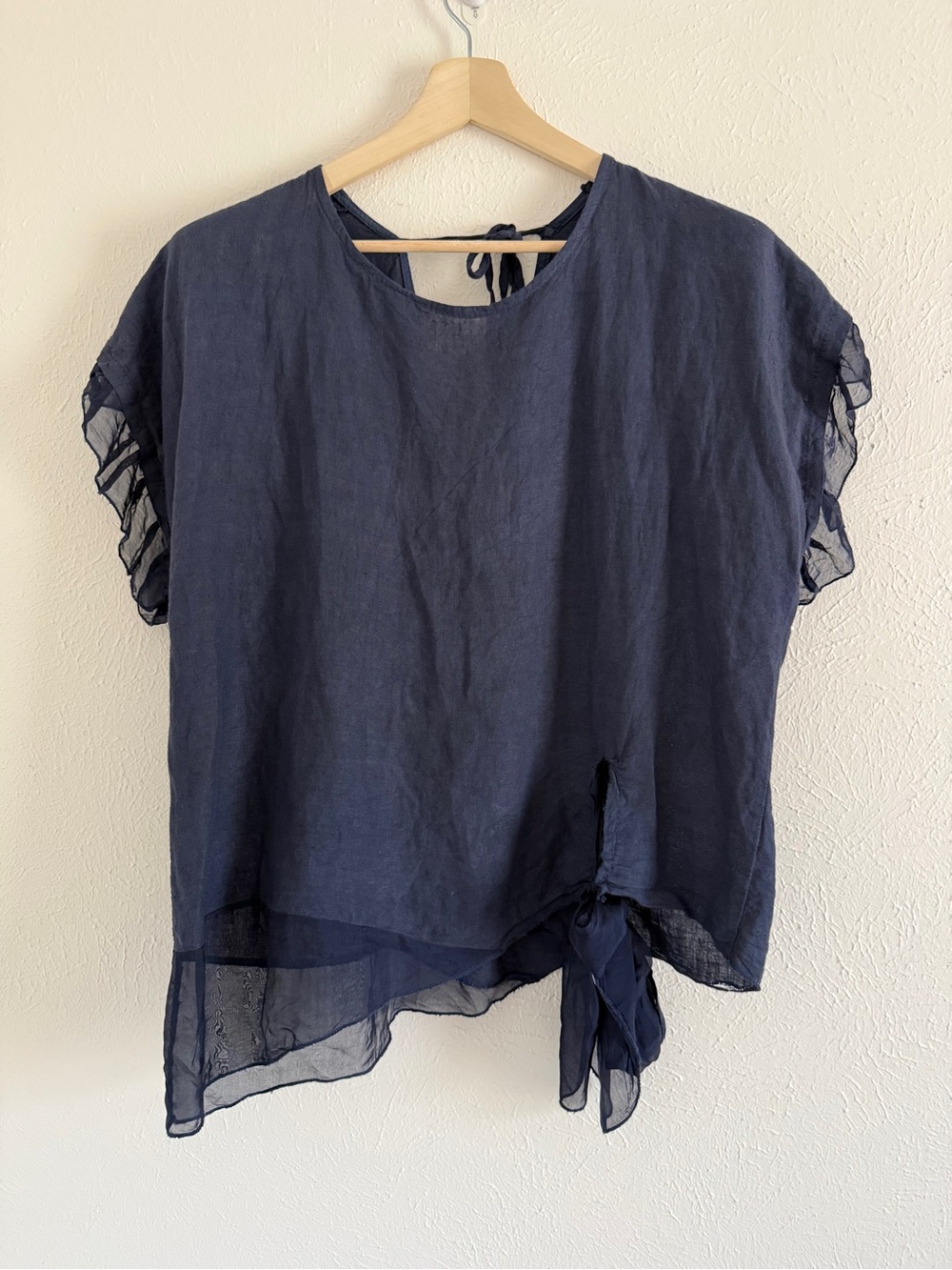 Dead Stock Belle France Navy Blue Linen Silk Oversized Top L